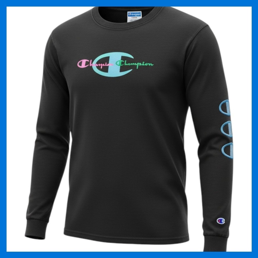 Champion Mens Long Sleeve Graphic Tee Black Multi Color Logo Size Large